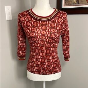 Ann Taylor LOFT Red Geometric Pattern 3/4 length Sweater 100% Wool XS Womens